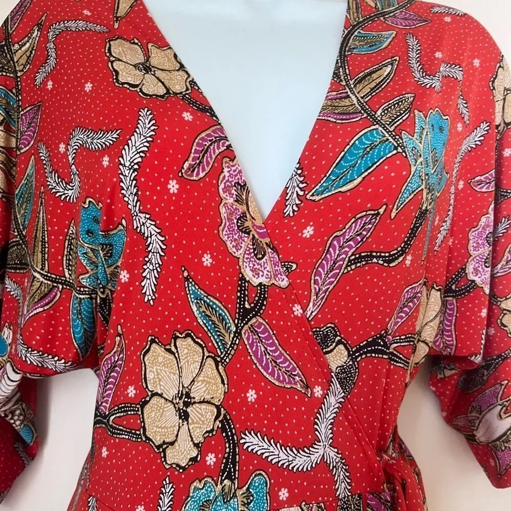 Veronica M Red Floral Wrap Midi Dress Sz XS